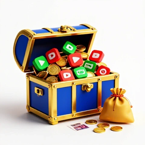 Overflowing treasure chest with vibrant video icons beside a small, nearly empty coin pouch and faded video thumbnails.