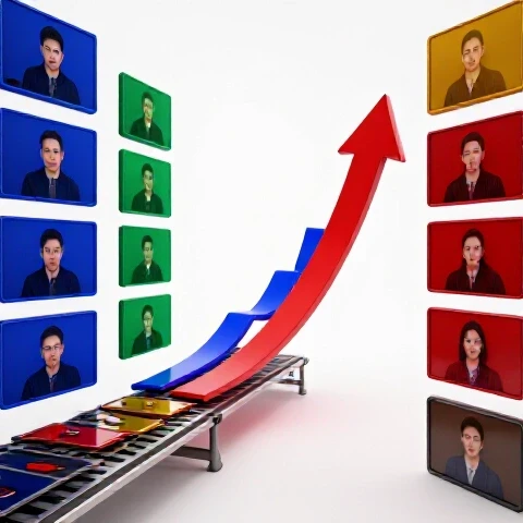 Vivid row of colorful video thumbnails evolve toward a soaring growth arrow on a radiant white background.