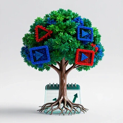 A vivid tree with play button leaves, entwined roots, calendar, and upward arrows symbolizing video growth.