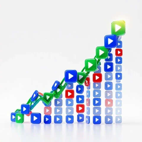 A vibrant upward-trending graph made of glowing video play icons in deep colors on a bright white background.