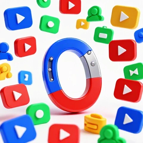 A large glossy magnet attracts vibrant YouTube play buttons and viewer icons on a bright white studio background.