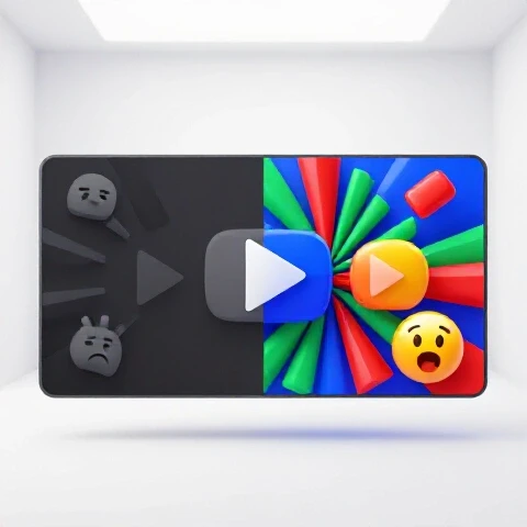 Split-screen 3D image showing dull versus vibrant YouTube thumbnails with contrasting visual hooks and icons.