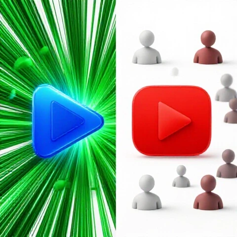 Split-screen showing a vibrant, dynamic play button with engaged icons versus a dull play button with disengaged viewers for a visual comparison of video hooks.