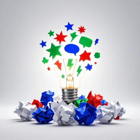 A vibrant lightbulb figure emerges from crumpled paper into bright space, surrounded by colorful idea symbols.