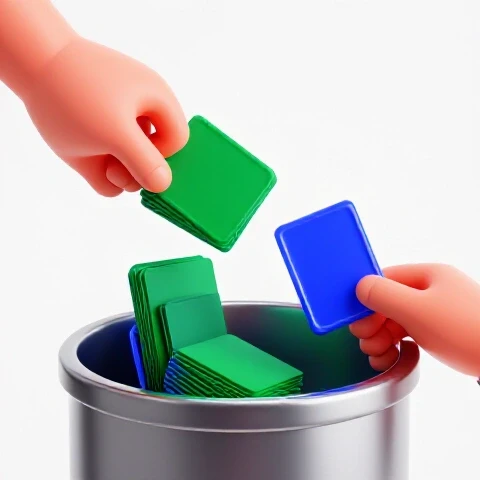 A stylized hand throws generic video thumbnails into a glowing bin while holding a standout thumbnail high.
