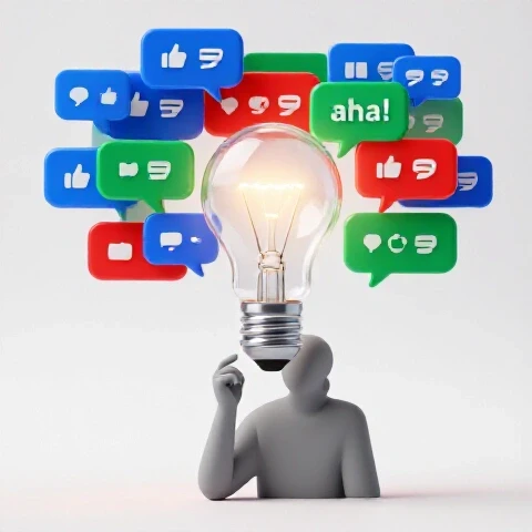 Vibrant YouTube comments transform into a glowing lightbulb above a creator silhouette on a bright background.