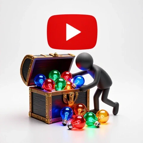 Glowing treasure chest overflowing with vibrant lightbulbs, reflections leading to a YouTube play button on a bright background.