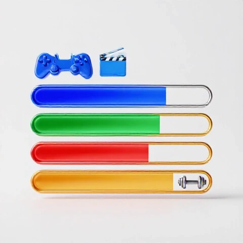 Vibrant row of glowing video progress bars beneath colorful niche icons on a bright white background.