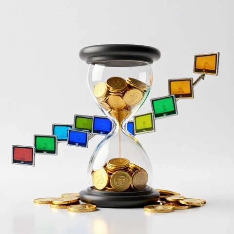 Hourglass spilling golden coins next to a timeline of colorful video frames on a bright white background