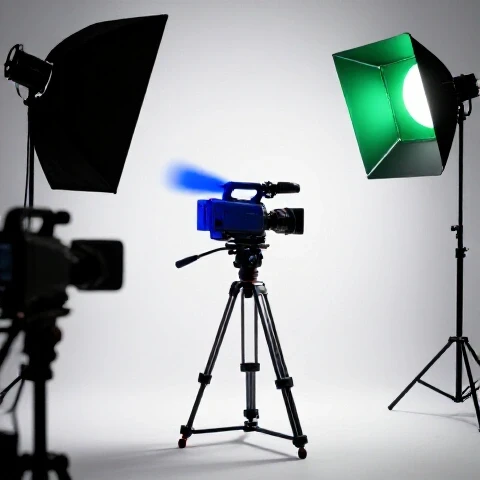 Split view of a video camera setup showing dull lighting versus vibrant, professional studio lighting with rich colors