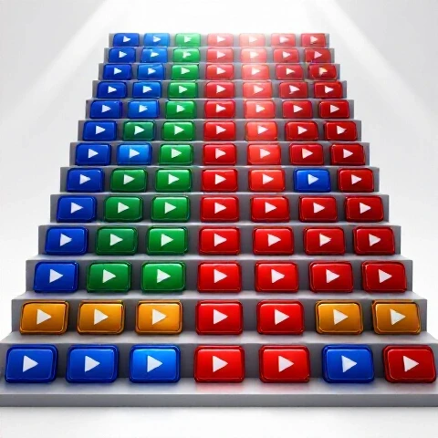 A staircase of vibrant video play buttons rises dramatically on a bright white background with beams of light highlighting the summit.