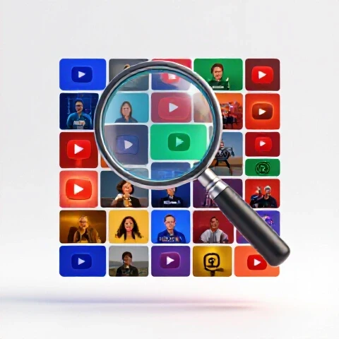 Magnifying glass hovering over glowing YouTube video thumbnails on a bright white studio background.