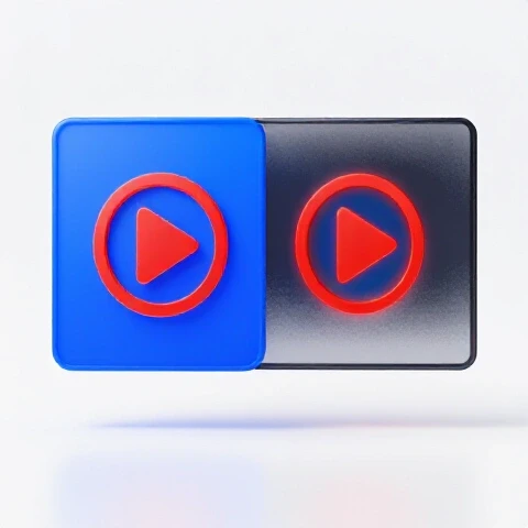 Split-screen of a glassy video icon showing crystal-clear quality on one side and blurred distortion on the other, on white studio background.