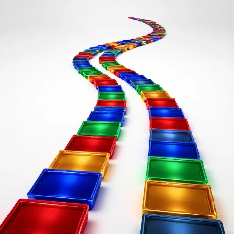 A glowing path of vivid video thumbnails arranged as stepping stones on a bright white background, symbolizing strategic YouTube growth.