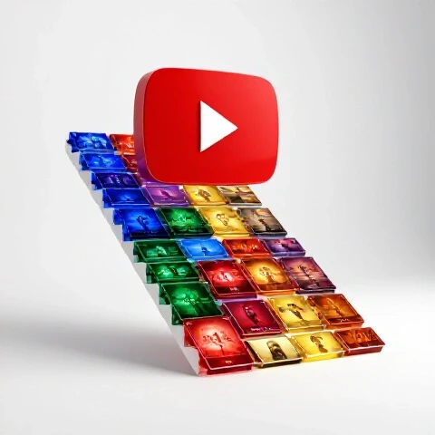 Stepped progression of vibrant video thumbnails ascending toward a luminous YouTube play button on a bright background.