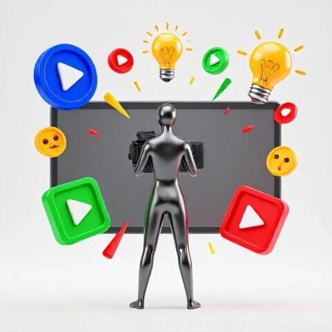Abstract confident figure turns from a dull gray video screen to a vibrant camera surrounded by bold creative symbols.