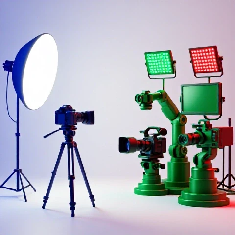Split image showing basic blue camera setup on one side and complex, high-tech green and red video production gear on the other, on a bright background.
