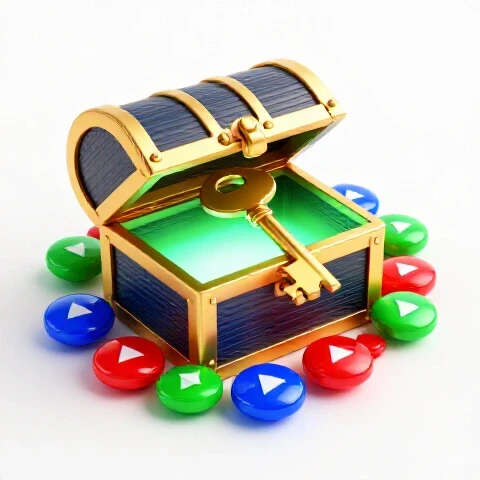 Golden key unlocking glowing treasure chest surrounded by colorful video play buttons on white studio background.