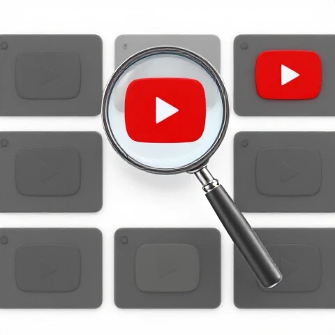 Magnifying glass highlighting a vibrant red video thumbnail among plain grey thumbnails on a bright background.
