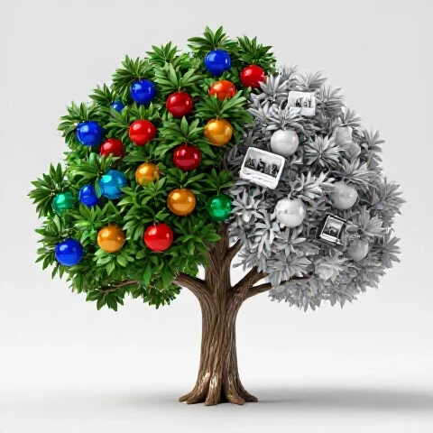 A striking tree displays vibrant video thumbnails as fruits on lush branches with one side barren, symbolizing video topic strategies.