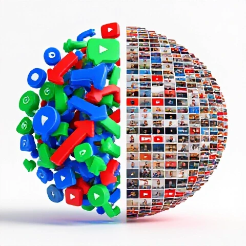 Split image showing messy video icons transforming into an organized path of stylish video thumbnails on bright white background.