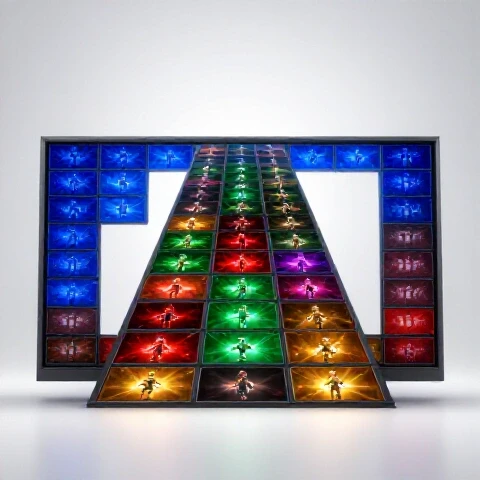Vibrant scoreboard with glowing video thumbnails ascending in rank on a bright, clean background.