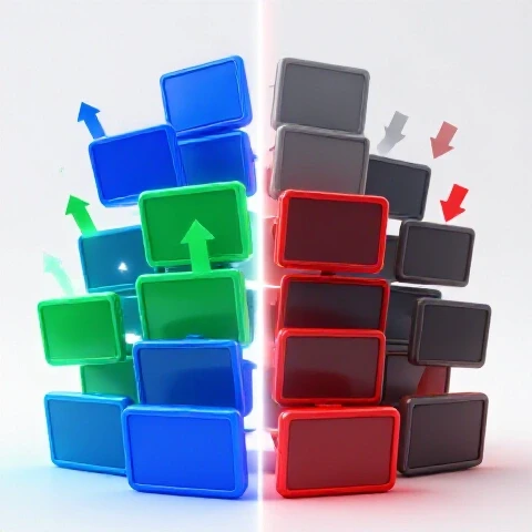Split-image showing eye-catching vibrant thumbnails and dull, gray thumbnails separated by a clear dividing line with strong lighting contrast.
