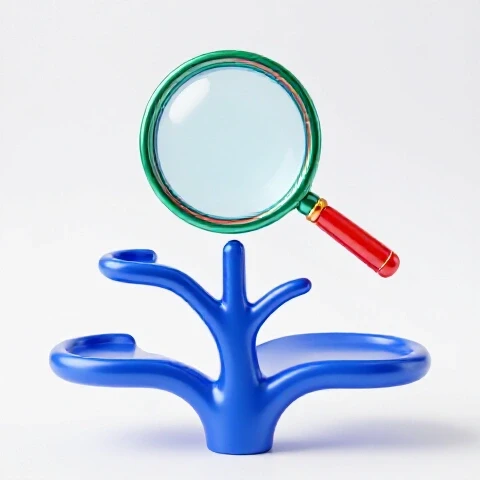 A branching path with a magnifying glass spotlighting one route, set on a luminous white background.