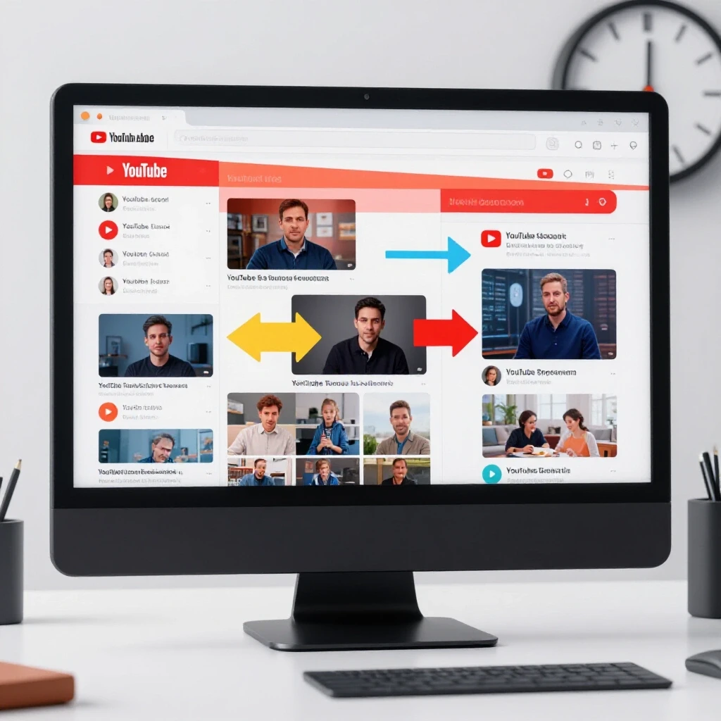 A computer displaying a YouTube interface with colorful arrows symbolizing video transfer between accounts and a clock in the background.