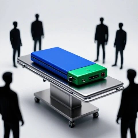 A vivid scene of a powered-off video player on a surgical table, surrounded by abstract, perplexed shapes in bold colors against a bright studio background.