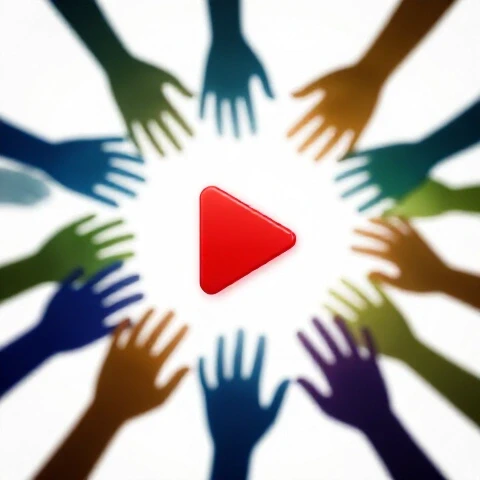 Vivid play button spotlighted on a bright background, surrounded by blurred hands reaching towards it.