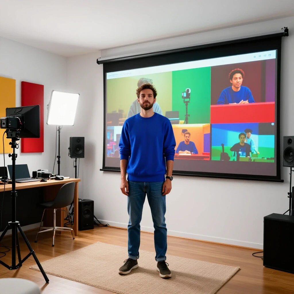 An illustration contrasting a cluttered home studio with a polished video projection, highlighting video production quality.