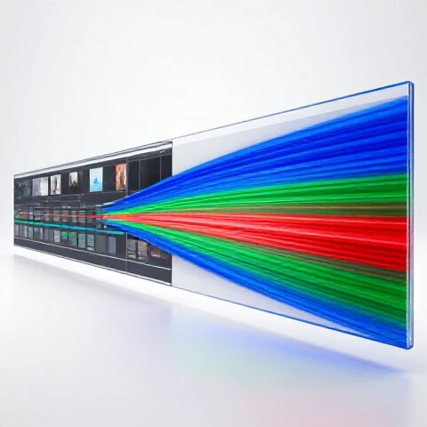 Glossy video timeline morphs into vibrant motion blur with dynamic energy lines on bright white background.