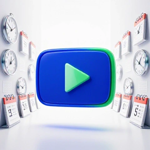 Vibrant YouTube thumbnail floats above an endless stream of clocks and calendars on a bright white background, symbolizing timeless video popularity.