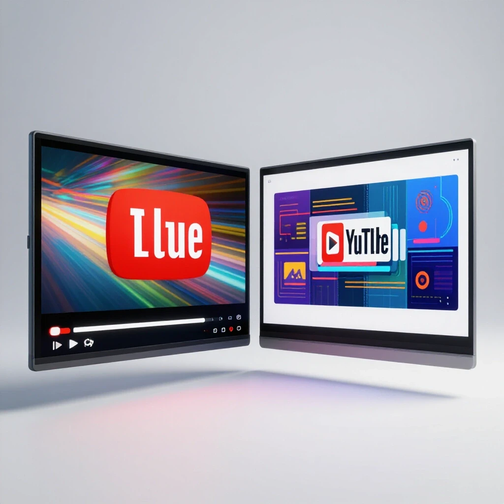 A split-screen image showing a YouTube video player on one side and a sleek presentation slide on the other in a bright studio setting.