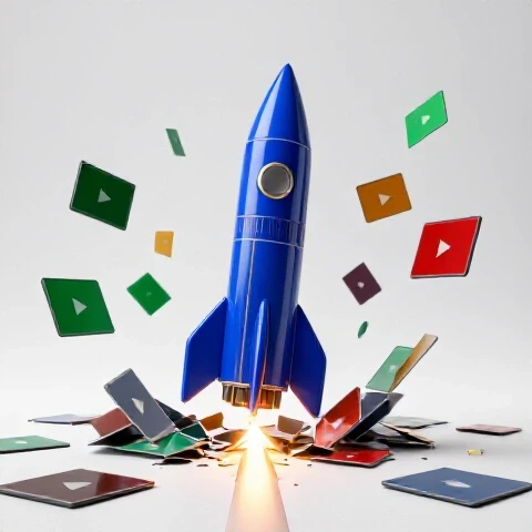 A fallen rocket surrounded by vibrant digital video thumbnails with a glowing upward arrow symbolizing recovery.