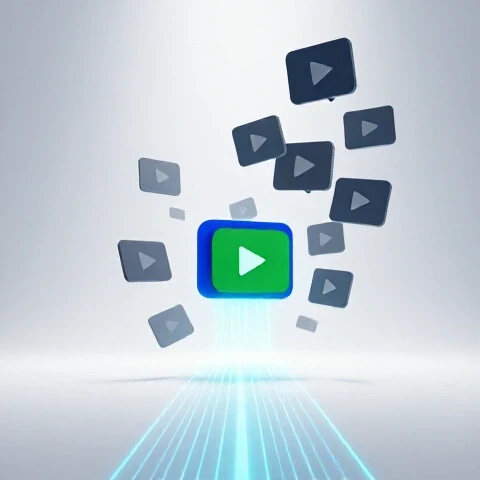 Vivid video thumbnails surge upward on a glowing path, with one standout in deep color among muted others, in a bright studio setting.