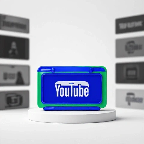 Split scene with a vibrant, spotlighted video thumbnail contrasting against blurred, faded thumbnails on a bright background.