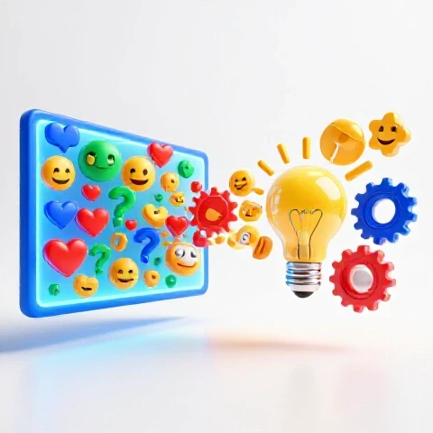Split scene showing a glowing feedback stream from a screen transforming into creative visual ideas, centered on a bright white background.