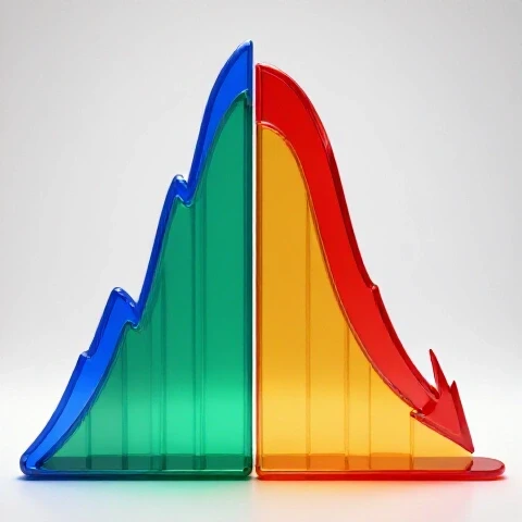 Split-screen image showing a vibrant rising graph on one side and a steep drop on the other, with bright studio lighting.