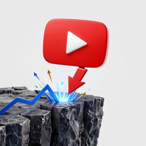 3D-rendered YouTube play button drops off a cliff with arrows and light bursts driving a dramatic upward recovery.