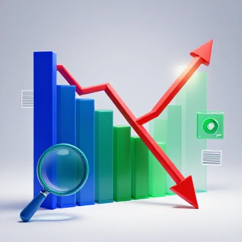 Vibrant graph sharply dipping then rising, spotlighted, with magnifying glasses and analytics icons on bright background