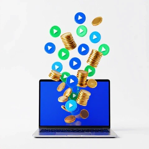 A laptop on a bright white background streams glowing blue play buttons transforming into stacks of gold coins.