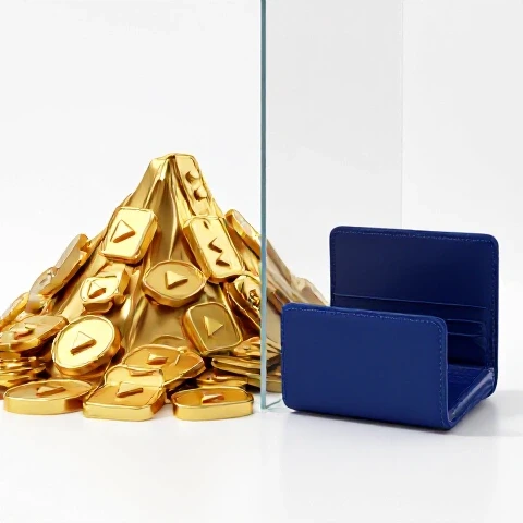 A mountain of golden video play icons opposite a nearly empty blue wallet, separated in a bright studio scene.