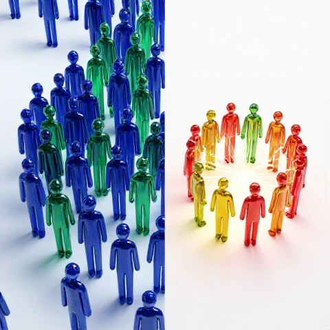 A split scene shows a crowded group fading into shadows on one side and a small, vibrant group linked by glowing connections on the other.