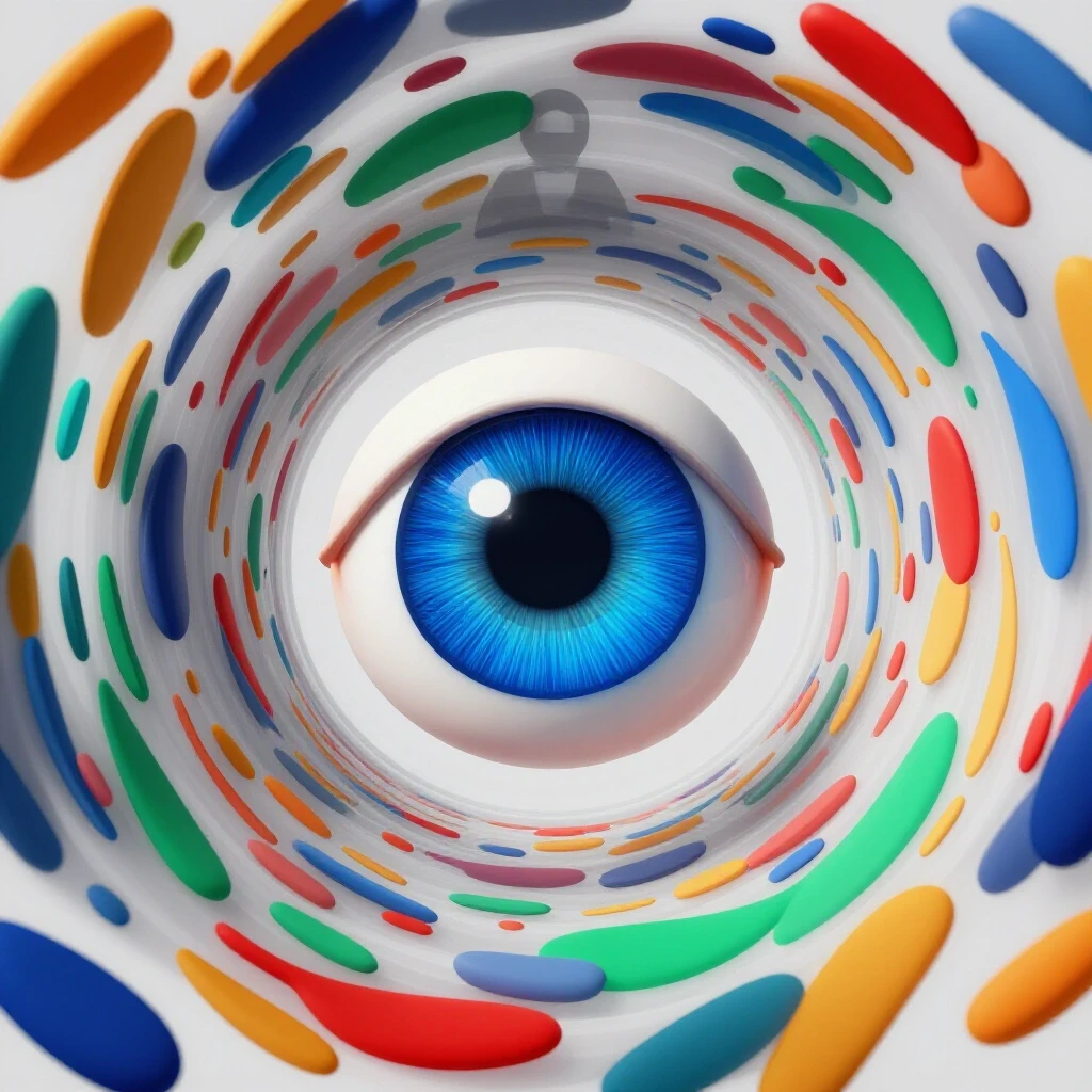 A vibrant eye symbolizing YouTube views, surrounded by colorful abstract shapes, against a bright background.