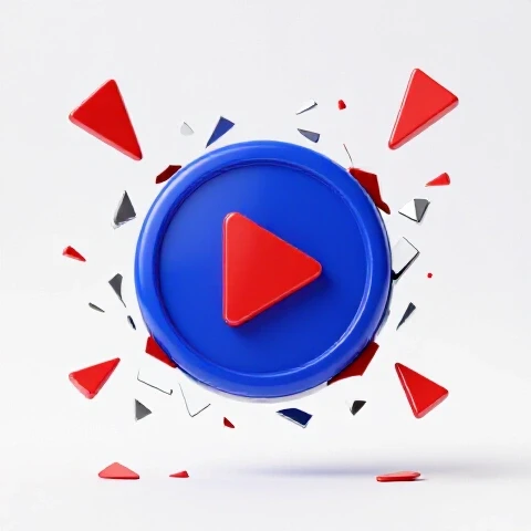 Shattered video play button in vibrant colors being rebuilt from digital shards on a bright white background