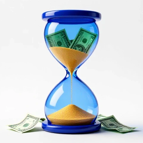Central hourglass overflowing with sand morphing into empty dollar bills, vivid colors on bright studio background.