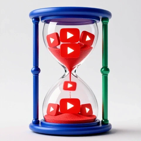 Glossy hourglass centered on white background, glowing red YouTube play buttons pile up inside, symbolizing watch time.