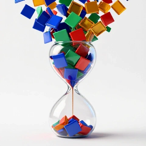 A dramatic hourglass centered on a bright background with colorful video thumbnails rapidly pouring out, highlighting a sudden shift.